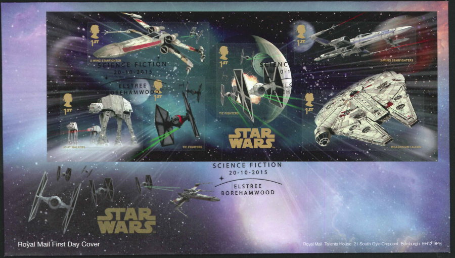 2015 - Star Wars Miniature Sheet First Day Cover, Science Fiction / Elstree Borehamwood Postmark - Click Image to Close